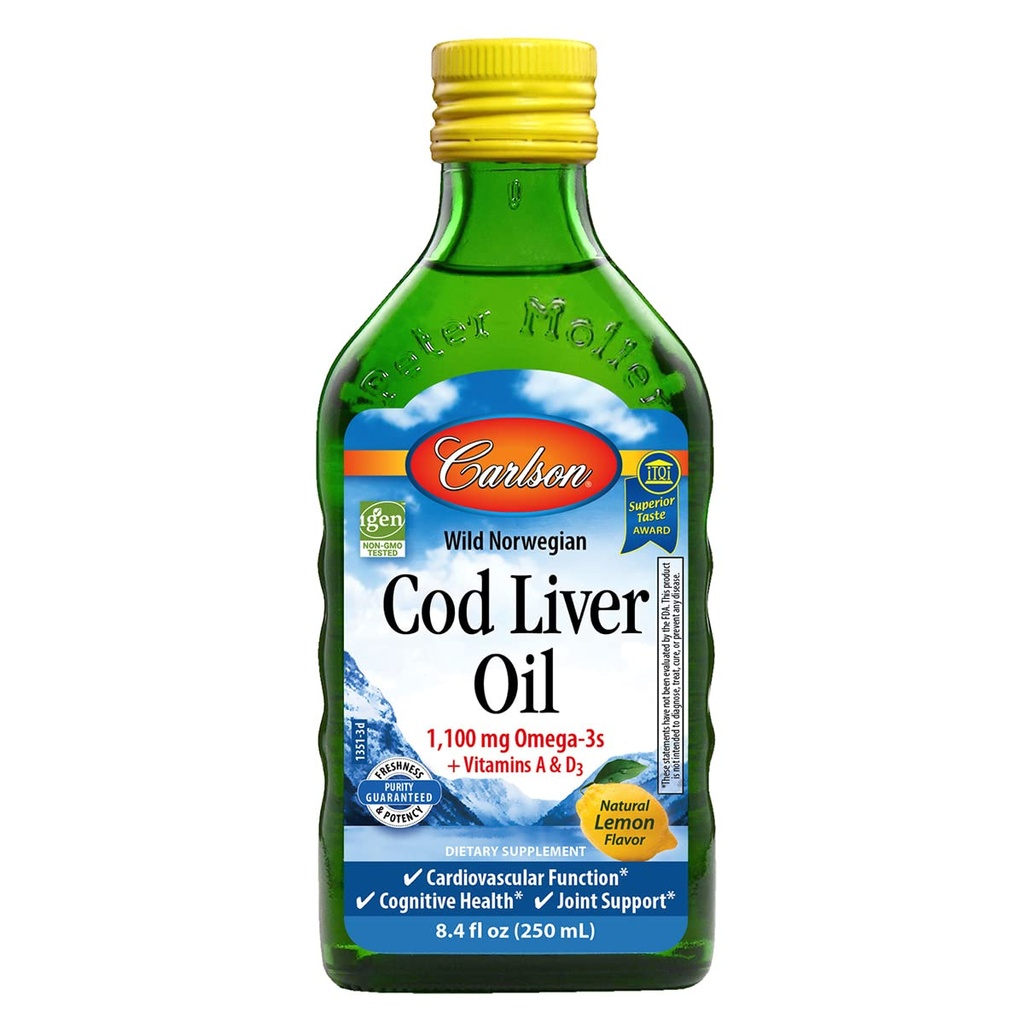 Carlson - Cod Liver Oil, 1100 mg Omega-3s, Liquid Fish Oil Supplement, Wild-Caught Norsk Arktis, Sustainablely Sourced Nordic Liquid, Lemon, 250 ml