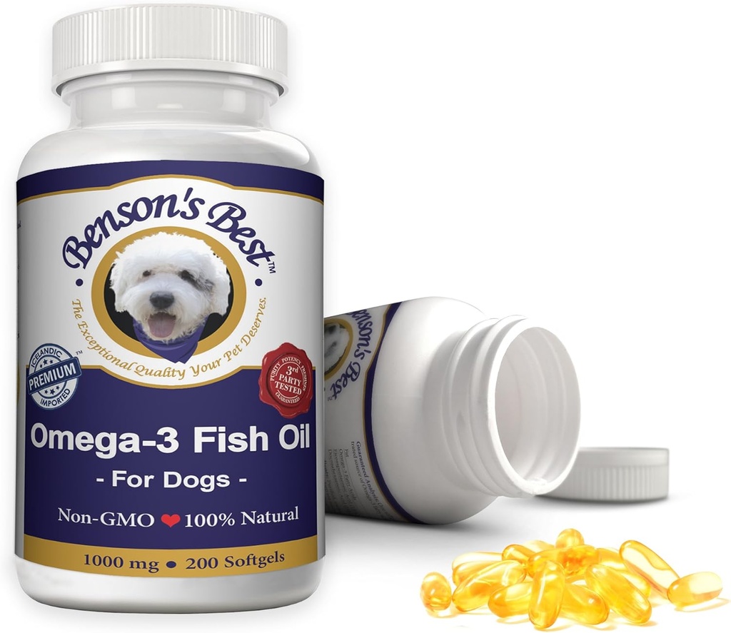 Bensons beste Omega 3 fiskeolje for hunder - gir 43% mer Omega 3 fettsyrer enn lakseolje - 200 mygggels 1000 mg - 100% ren, ikke-GMO, naturlig dyremat hund fisk olje supplement