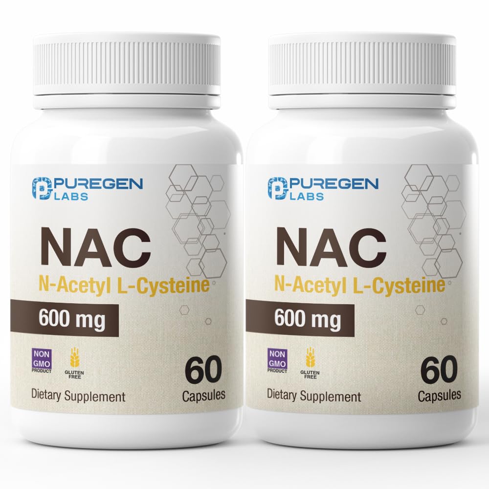 Puregen Labs N-Acetyl-L-Cysteine (NAC) 600 mg, støtter immunforsvar, luftveis, lever helse, NAC 600 mg, Potent antioksidant støtte, gratis radikaler, lett å absorbere - Totalt 120 Veggie kapsler