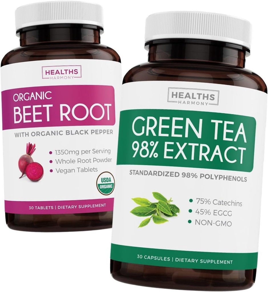 Beet Root & Green Tea Extract (2-week Supply) Beet & Tea Power Mix - Organic Beet Root med svart pepper for absorpsjon 1250 mg (30 tabletter) & Grønn Te Extract 98% med EGCG 1000mg per server (30 caps)