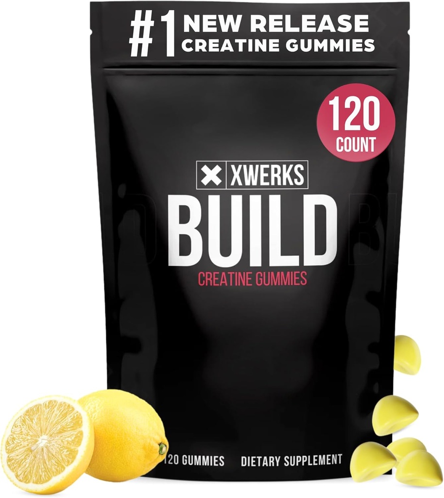 Xwerks bygge kreatin gummier for menn og kvinner, 120 greve, 100% ren kreatin Monohydrat, sitron flavored muskelbygging gummier 4g per servering, pre trening Anti-smelting, 5000mg Total kreatin