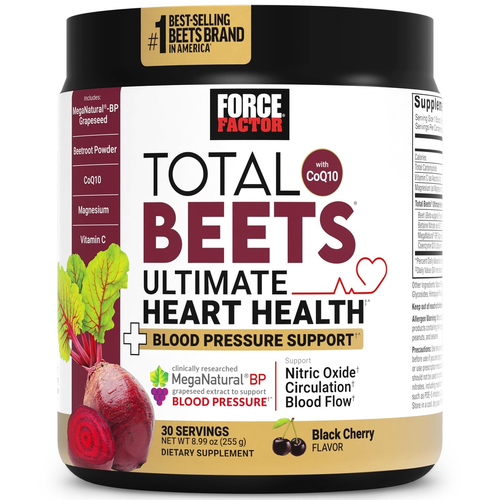 Force Factor Total Beets Ultimate Heart Helse Blood Pressure Support med CoQ10, Beet Root Powder, Grape Seed Extract, Blodtrykk Supplement for sirkulasjon, Black Cherry, 30 Serveringer