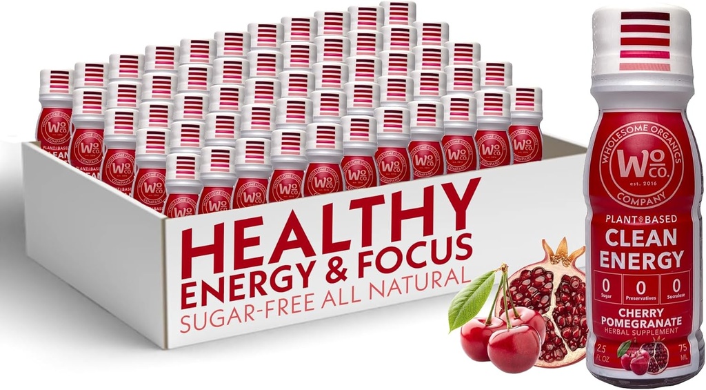 Helsome Organics - Sukkerfri energi Shots Ekstra styrke Naturlige og sunne energidrikker - Plantebaserte energitilskudd m/Vitamin B12 Lions Mane & Yerba Mate - Cherry Pomegranate Flavor 48 Pack