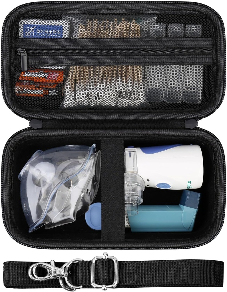 Hard sak for bærbare nebulizer håndholdte Mesh Inhaler Spacer Nebulizers Maskin for voksne og barn reiser husholdning bruk, beskyttende holder veske med mesh lomme for USB kabel og batteri, svart