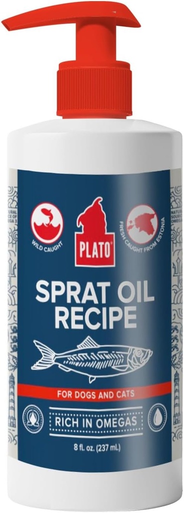 PLATO Kjæledyr behandler fiskolje for hunder - Omega 3 Olje for hunder - støtter sunn hud og coat - Baltic Sprat Oil Recept 8 Ounces