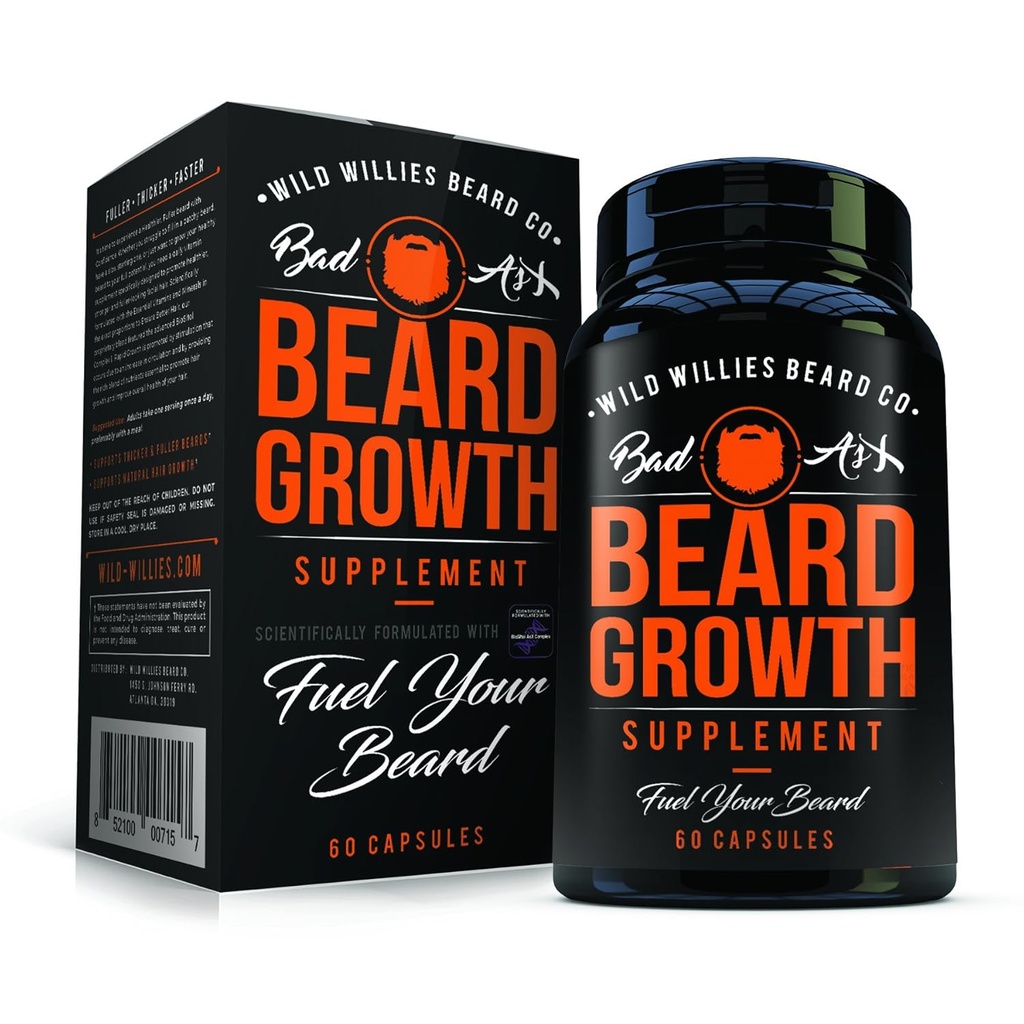 Manskape Co Beard Vekstvitaminer for menn av Wild Willies - naturlig raskere hårvekst - 60 kapsler med Biotin - vokse en tykkere, Fuller Beard og Mustache i dag
