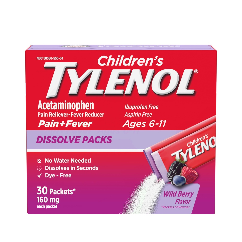 Tylenol løse pakker for smertelindring, febermedisinering, 160 mg acetaminophen, dysefri, barnepulverpakker for kaldt og influensa symptom relief; Wild Berry Flavor, 30 ct.; Pakke med 1