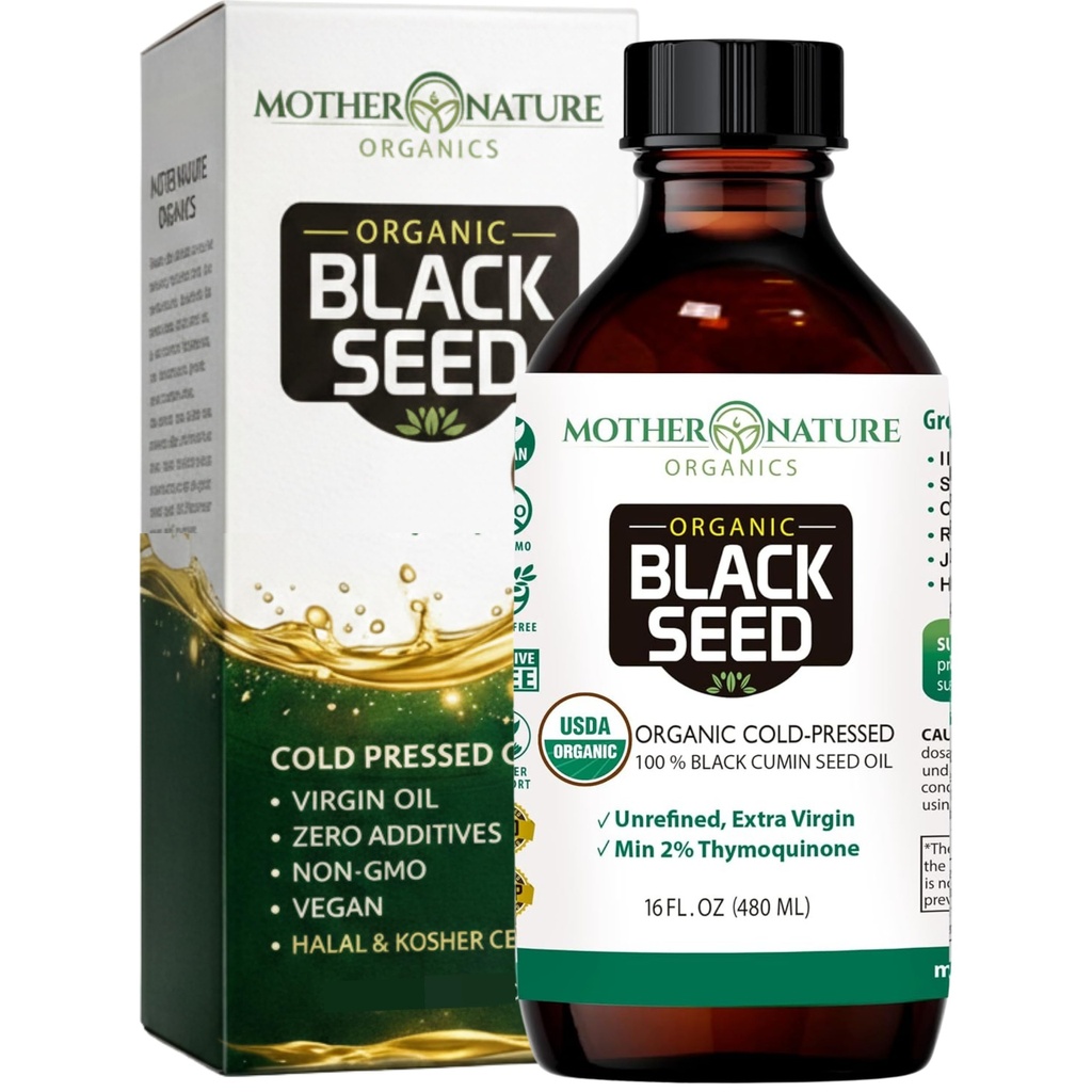 Mor natur USDA organisk svart frøolje - kald presset, uraffinert og vegansk nikkella sativa, høy thymoquinon (2%+), Omega 3 6 9 for immun, felles og hjerte støtte, hår og hud, ikke-GMO, 16oz
