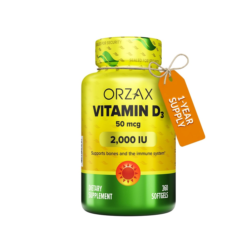 ORZAX-vitamin D3 2000 iu (50mg) – Ikke-GMO, Glutenfri, Sukkerfri, Dairy Free – 1 års forsyning for sterk muskelfunksjon og immunstøtte – Mood Supplement for velvære (360 Softgel)
