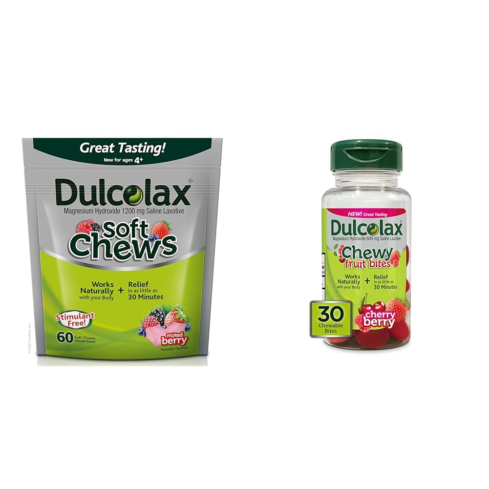 Dulcolax Soft Chews Saline Laxativ Blandet Berry (60ct) Gentle Acceleration Relief & Chewy Fruit Bites, Saline Laxative, Cherry Berry (30ct) Cramp-free Acceleration Relief