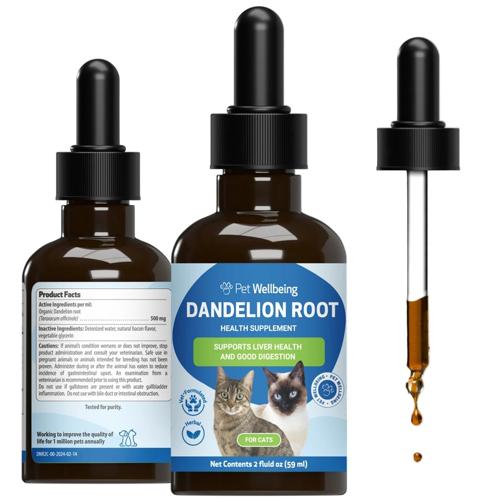 Kjæledyrs velvære Dandelion Root for katter - Liver & hjerte helse, Digestiv funksjon, Blodsugar støtte, sertifisert organisk - Veterinærformulert Herbal Supplement 2 oz (59 ml)