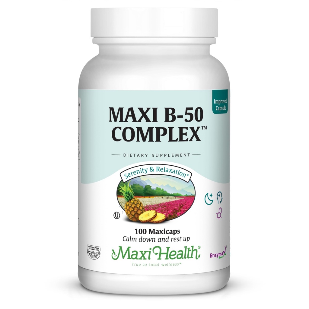 Maxi Helse Vitamin B-kompleks - høy styrke B-kompleks vitaminer B-50 med B1, B2, B3, B6, B12, Biotin & Folate - støtte cellulær energi og mental klarhet - Kosher - 100 kapsler