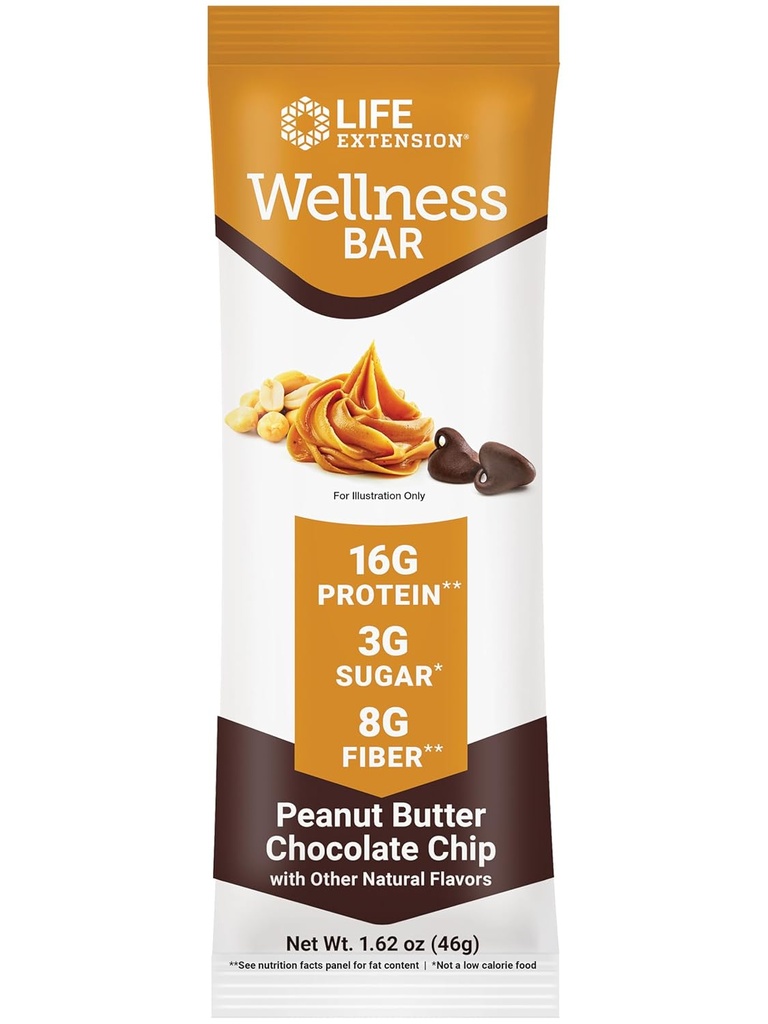 Life Extension Wellness Bar (Peanut Butter Sjokolade Chip) – 16 g Protein, 8 g Fiber, 3 g sukker – Cacao Sjokolade Chips, Whey Protein Isolate Blend – Snack Bars, Glutenfri – Individuelt
