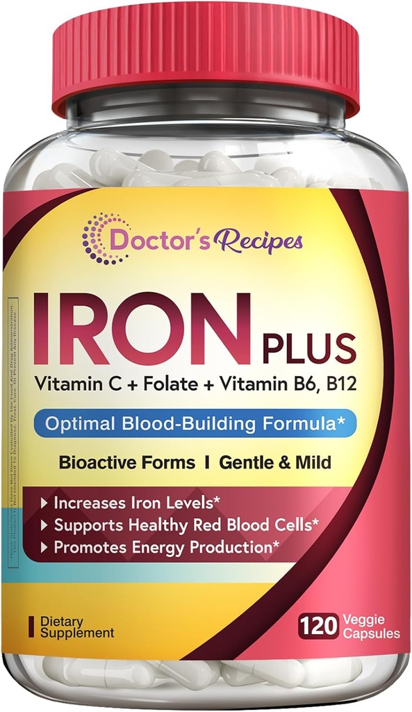 Legens oppskrifter Jern Supplement for kvinner menn - Gentle Iron Bisglycinate med vitamin C, B6, Folat & B12 - Ikke-forenende og magevennlig Iron piller for blod og energi støtte, 120 Vegan Caps