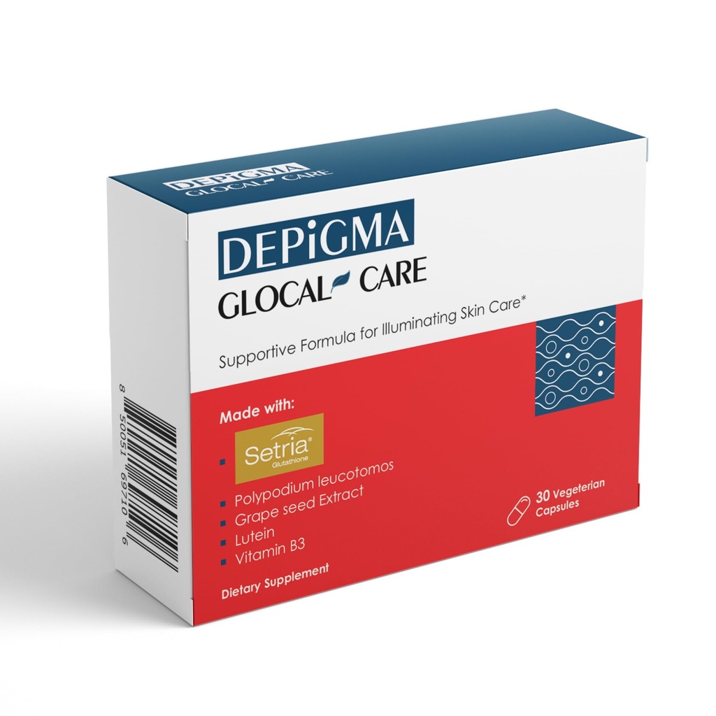 GlocalCare Depigma Support Reduksjon av Hyperpigmentering, Melasma og mørke flekker med glutation, polypodium leukotomos, Grapefrø og Marigold ekstrakt