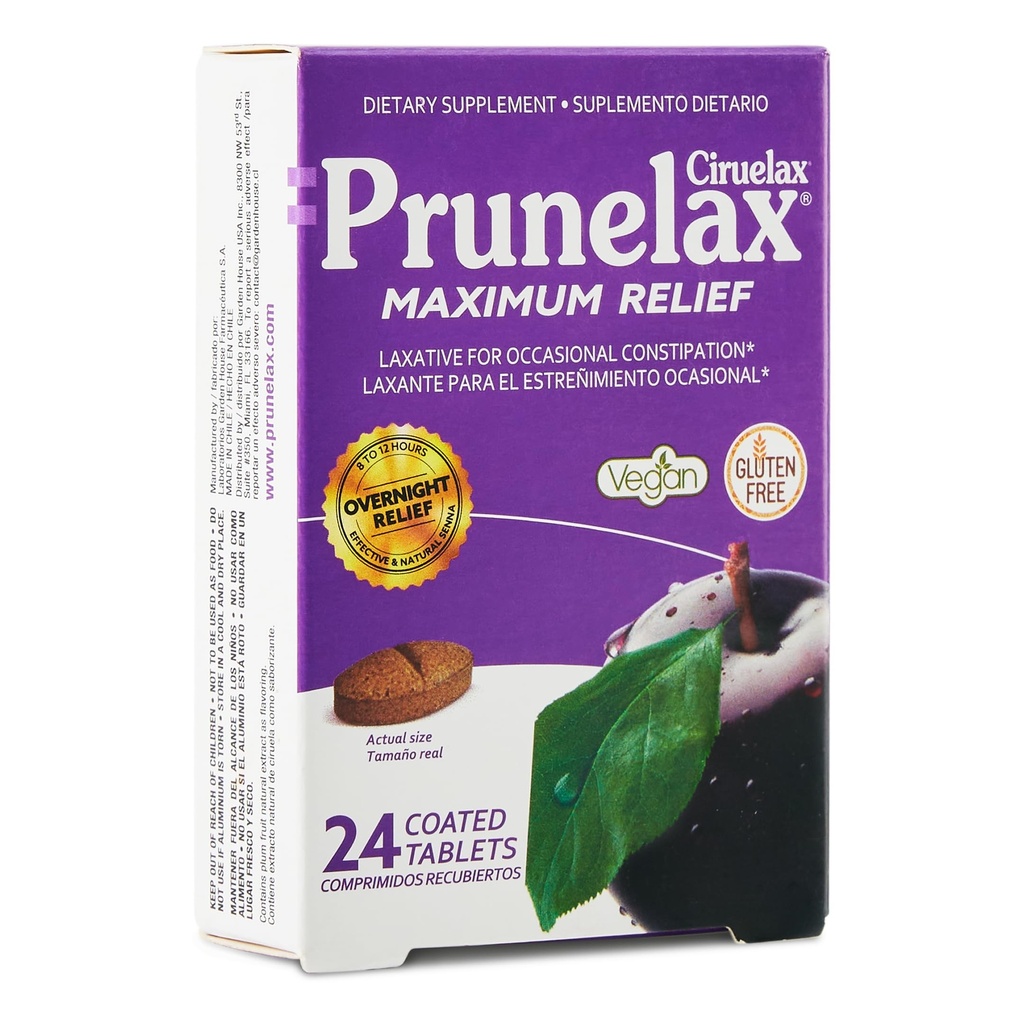 Prunelax Ciruelax Maksimum relief Laxative Tabletter med naturlig senna for anledninger, Senna ekstrakt, Vegansk & Glutenfri, Gentle Overnattings Relief - 24ct