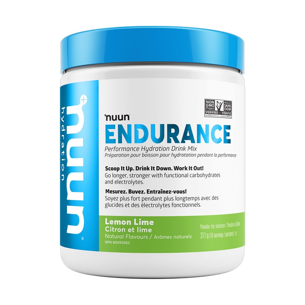 Nuun Hydration Endurance pulver, sitron lime, treningsstøtte,5 essensielle elektrolytter for Hydration + karbohydrater, vegan, ikke-GMO, (16 serveringer - Canister)