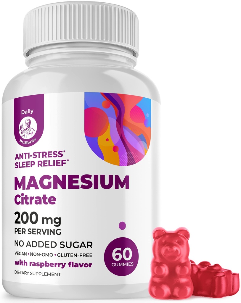 DR. MORITZ Magnesium Citrate Gummies for voksne - sukker-fri ro Magnesium Gummies - støtter en sunn stressrespons - bringebær Flavor - Ikke-GMO, 200 mg (60 greve)