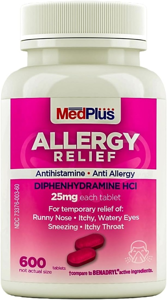 MedPlus Allergi relief Medisin, 25 mg, 600 tabletter | Diphenhydramin Hcl | Antihistamin | Relief for innendørs og utendørs allergier, rosa