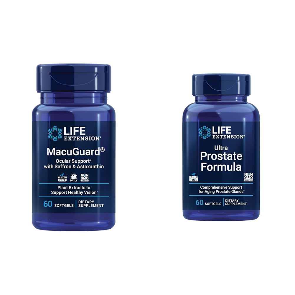 Livsforlengelse Macuguard Okulær støtte med Saffron & Astaxanthin 60 greve og Ultra Prostata Formula Sag Palmetto 60 Softgels
