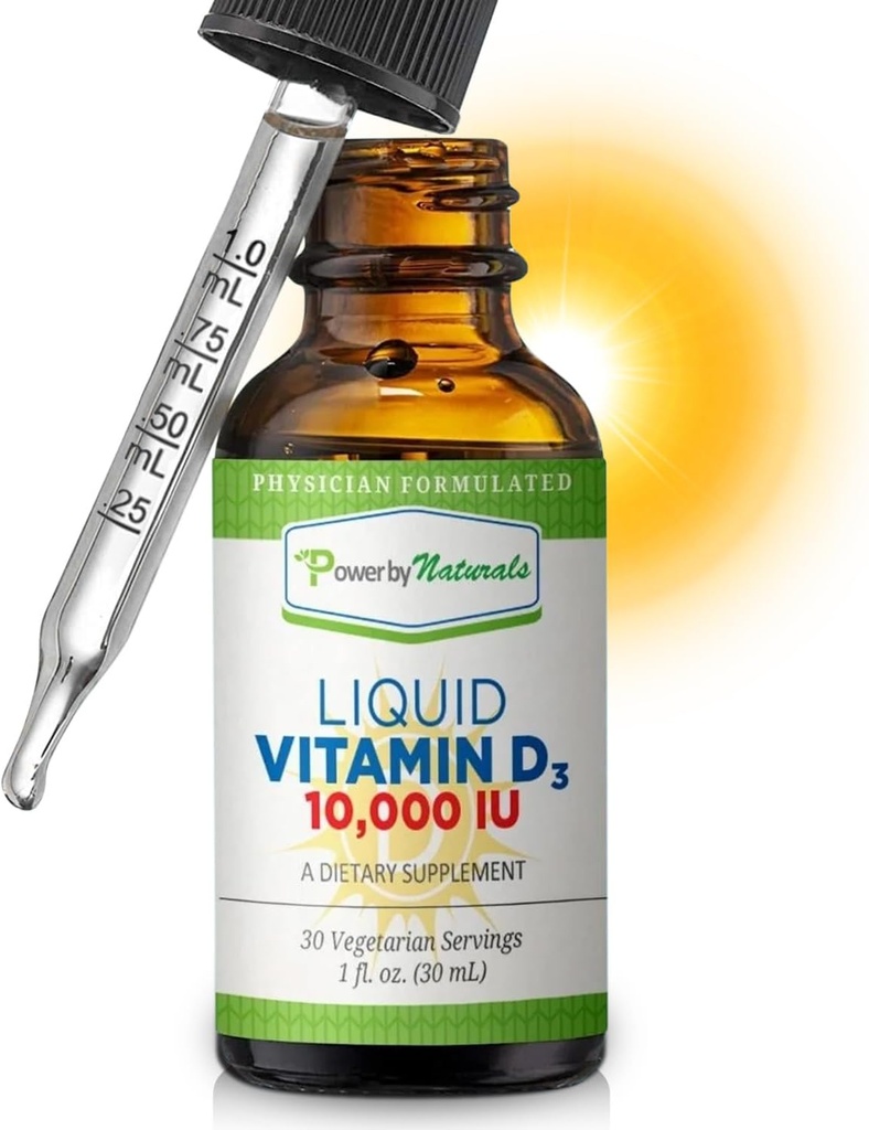Power By Naturals Vitamin D3 flytende dråper 10000 IU - høy potens Vitamin D3 for voksen beinstyrke og immunstøtte - Glutenfri, ikke-GMO, sukkerfri vitamin - Orange Flavor, 1 fl Oz (30 Serveringer)