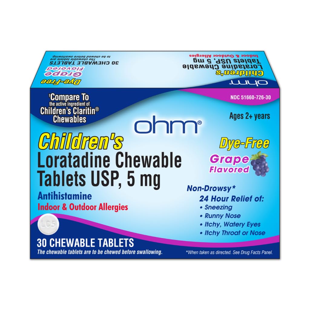 Ohm Children's Loratadin Allergi Chewable Tabletter - Dye Free, Grape Flavor, Ikke-Drowsy 24-timers Relief, Antihistaminer for innendørs og utendørs Allergier - 30 tabletter