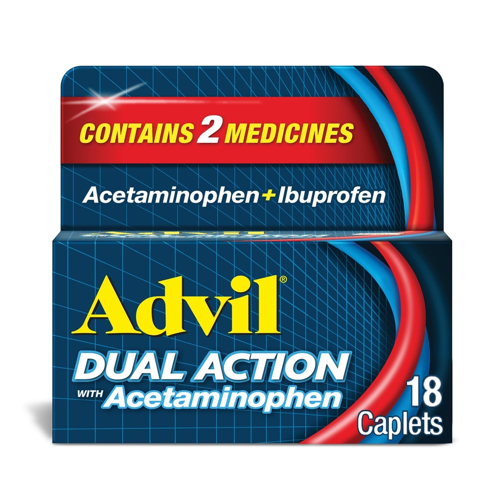 Advil Dual Action Coated Caplets med Acetaminophen, 125 mg Ibuprofen og 250 mg Acetaminophen Per Caplet i 8 timer smertelindring - 18 greve