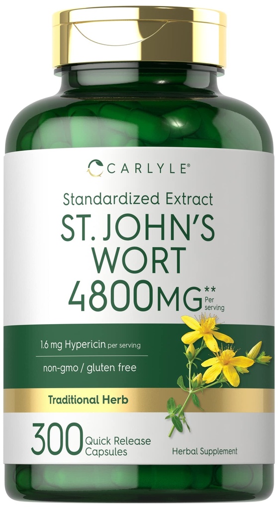 Carlyle St John's Wort Capsules | 4800mg | 300 greve | Ikke-GMO & Glutenfri Supplement | Standardisert ekstrakt