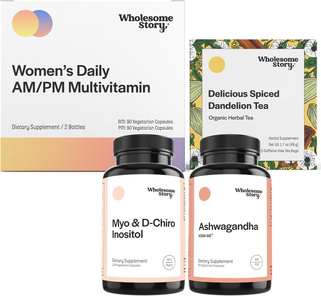 Chill Out Bundle | Myo Inositol & D Chiro Inositol | KSM 66 Ashwagandha Supplement | Premium Biotilgjengelig daglig Multivitamin for kvinner med jern og folat | Organic Roasted Dandelion Root Tea