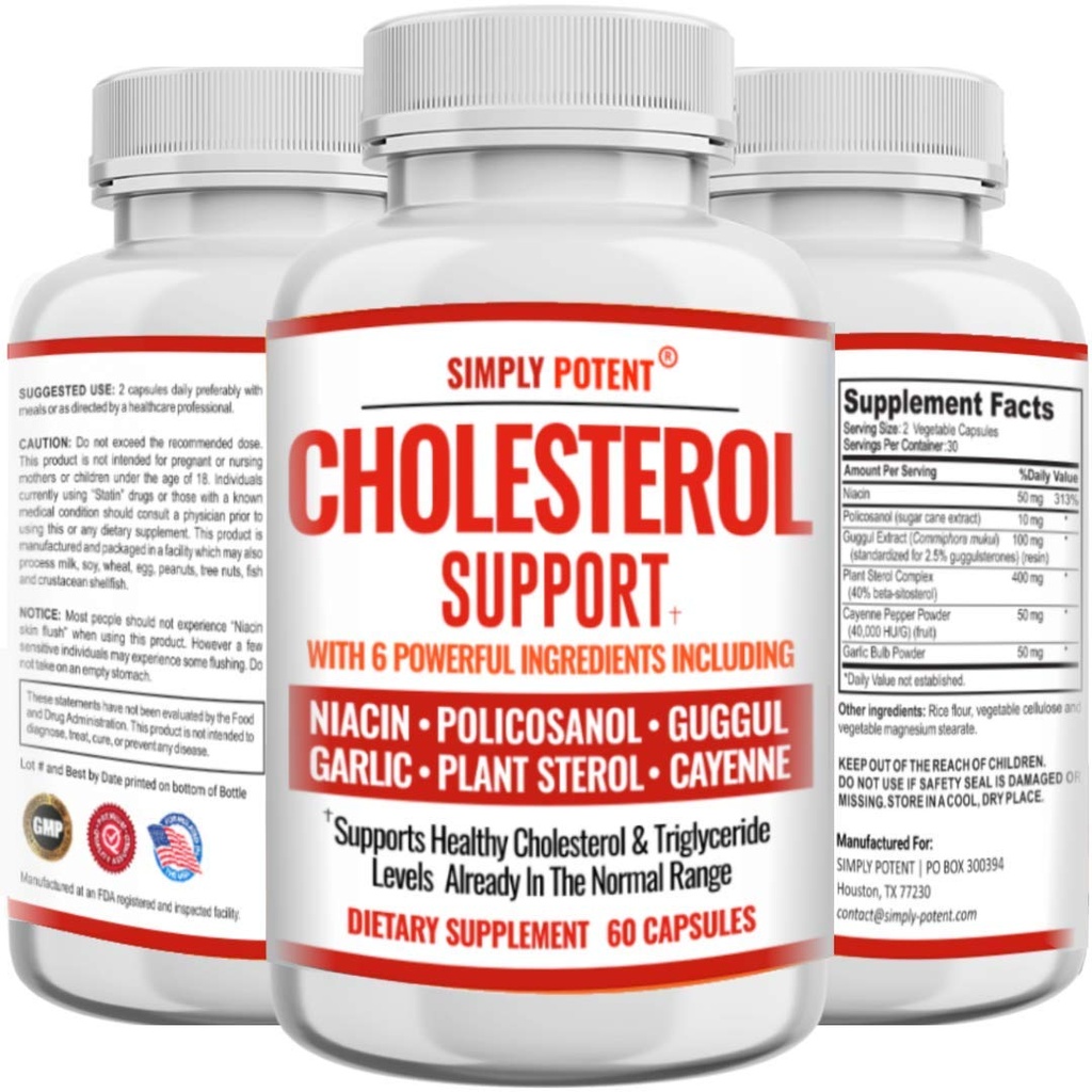 Kolesterol senking supplement som fungerer, støtter lavere høy kolesterol, triglycerid, LDL og hev HDL naturlig, hjerte sunne naturlige kapsler med hvitløk, plantesteroler, Niacin, Guggul, 60 Ct