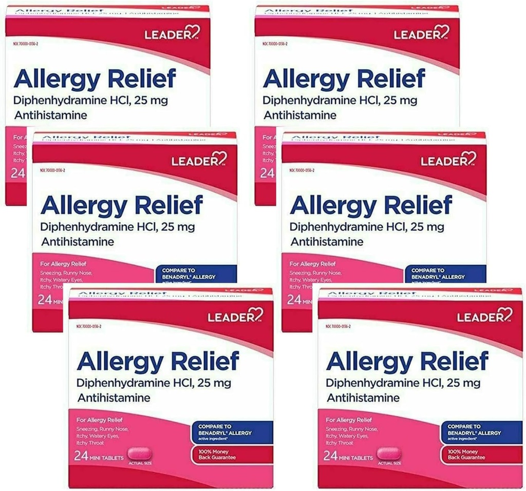 Leder Antihistaminer Allergi Relief Diphenhydramine HCl, 25mg Mini-tabletter, 24 Count Pack of 6