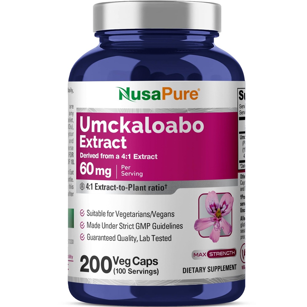 NusaPure Umckaloabo 4:1 Ekstrakt, 60 mg tilsvarende 240 mg Veggie Caps 200 greve (Non-GMO, Vegan)