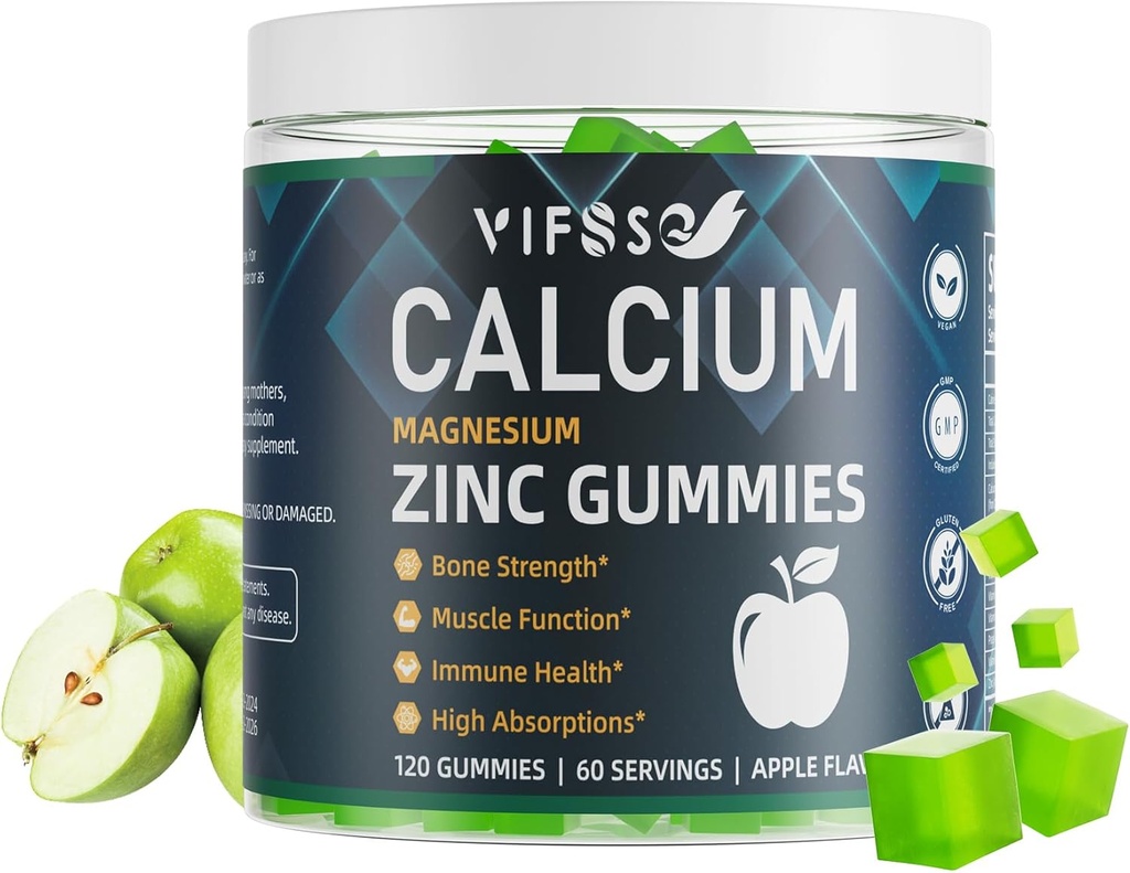 Kalsium magnesium sink gummier 600 mg med vitamin D3 K2, 120 gummier Plantebasert sukkerfri kalsium gummier høy absorpsjon kompleks kalsium supplement 70+ spor Mineraler for bein styrke, vegansk