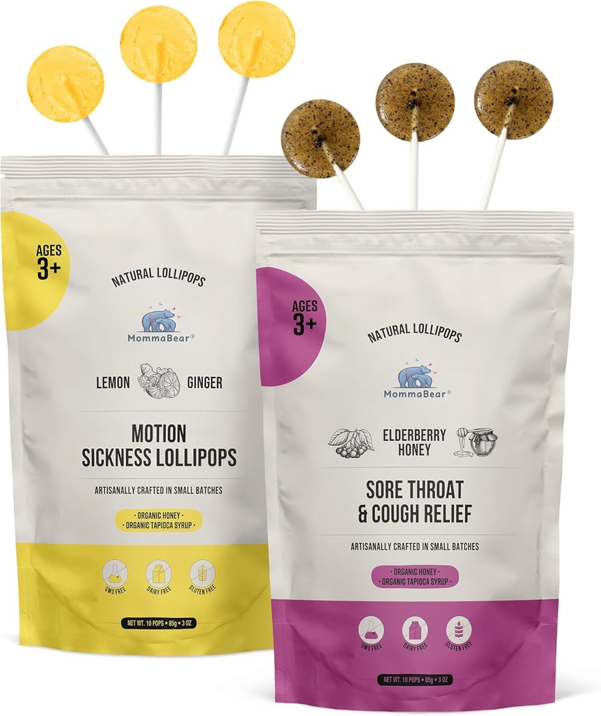 MommaBear Organic All Natural Motion Sykhet og Throat Relief Lollipops Få godt snart pakke | Throat Soothing & Angst beroligende honning Lollipops for voksne, gravide kvinner og barn 3+ | Pakke med 2 Bundle