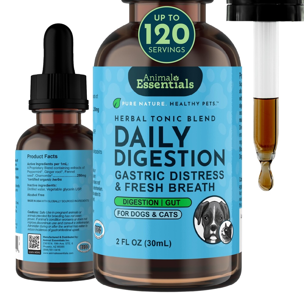 Dyr Essentials Daglig digestion for hunder og katter - Digestiv støtte, Frisk puste, Ginger Root, Fennel Seed Extract, Flytende Supplement - 2 Fl Oz