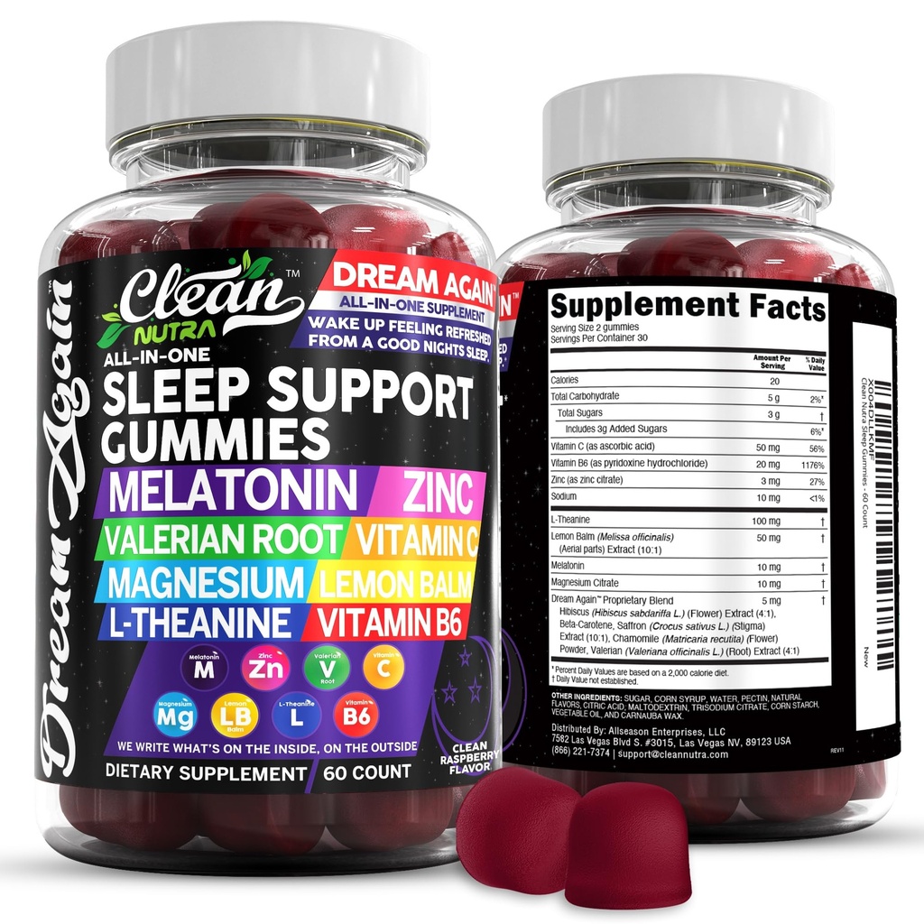 Ren Nutra Melatonin Gummies 10 mg | søvnhjelp Valerian Root L-Theanine Vitamin B6 C sitron Balm Magnesium Hibiscus Beta Caroten Saffron & Kamille Rest Support Supplement bringebær Flavor