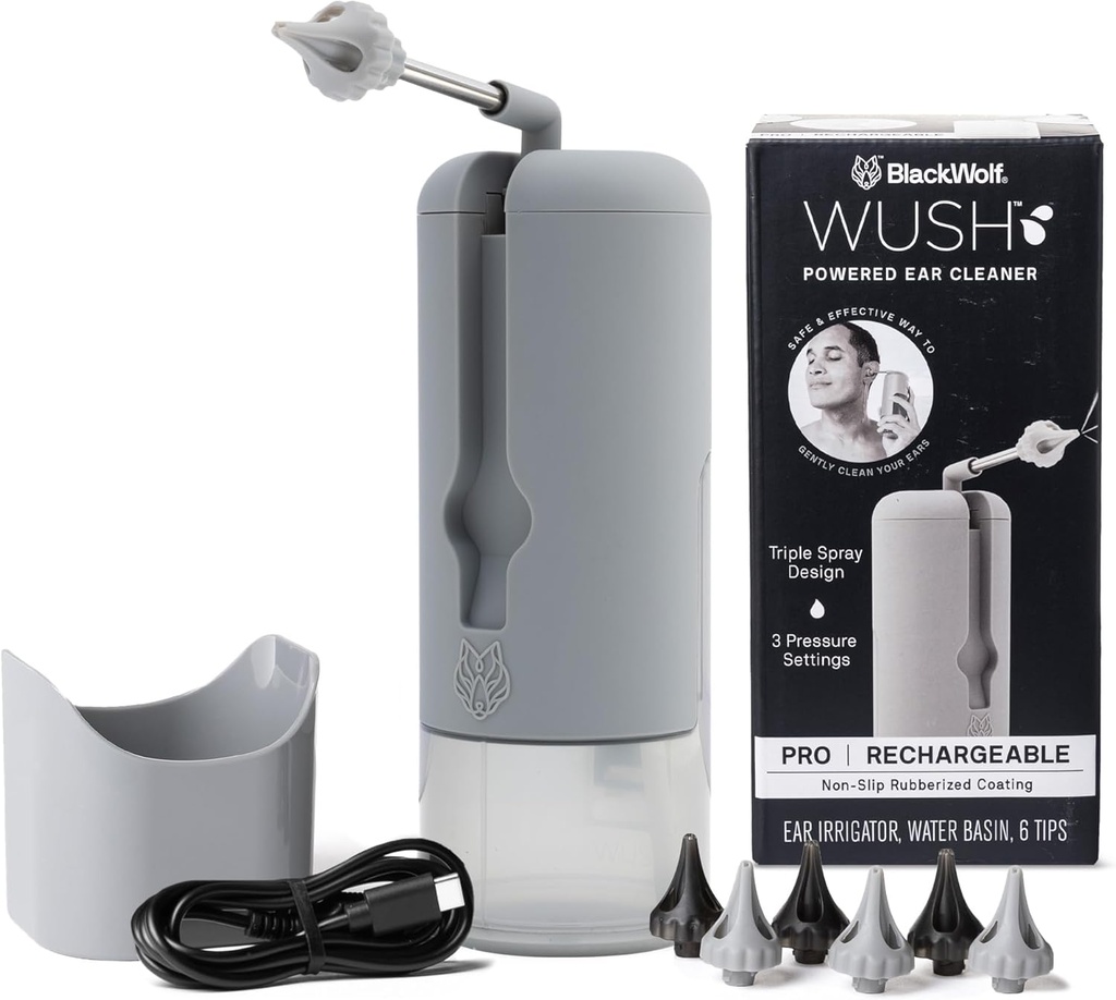 Wush Pro av Black Wolf - Den opprinnelige deluxe vanndrevet ørerenser med 6 reusable erstatningstips av Black Wolf - Sikker og effektiv for øret Wax Building - Elektrisk øret voks fjerning Kit (Grey)