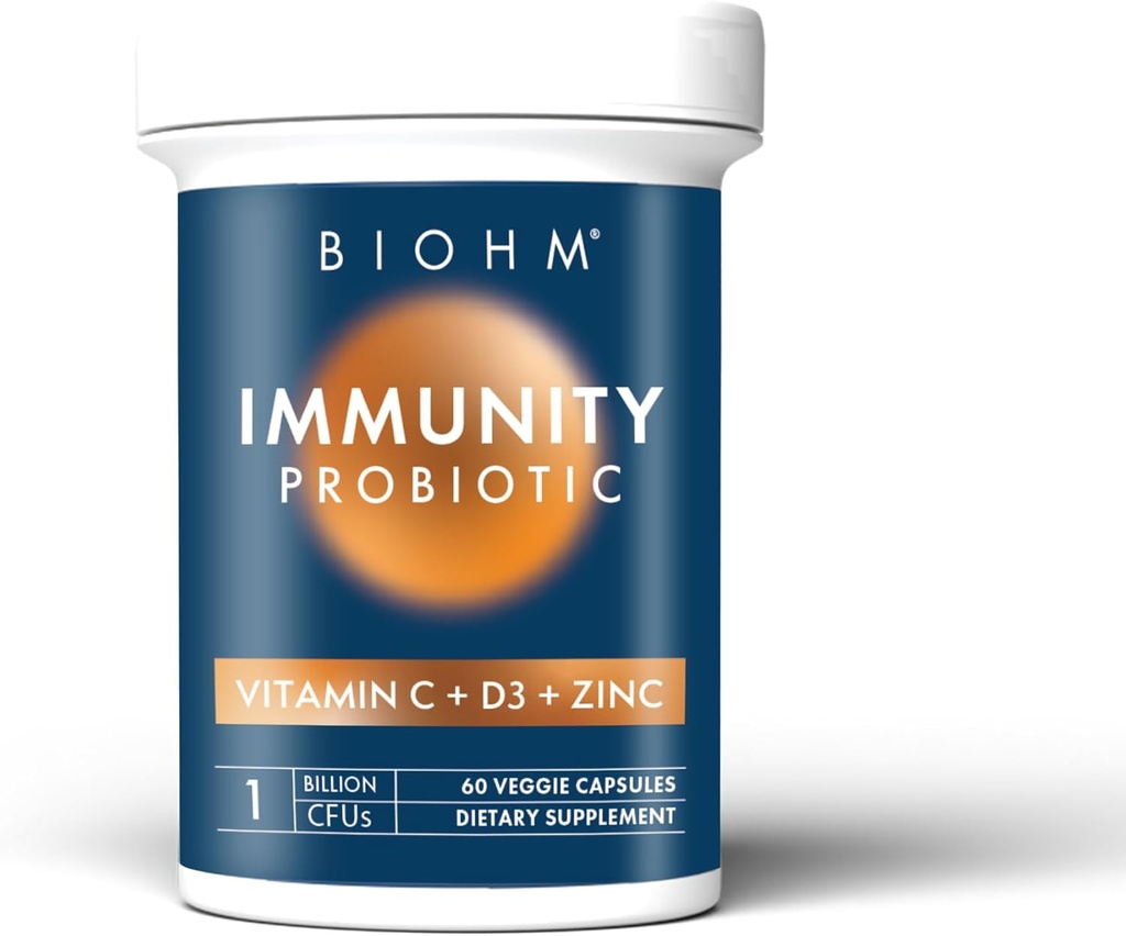 BIOHM Immunity Probiotic with Vitamin C, D3 & Zinc, 1 milliard CFU (60 kapsler) Daglige probiotika for kvinner og menn, Digestiv helse & immunstøtte, Vegan, Glutenfri og ikke-GMO
