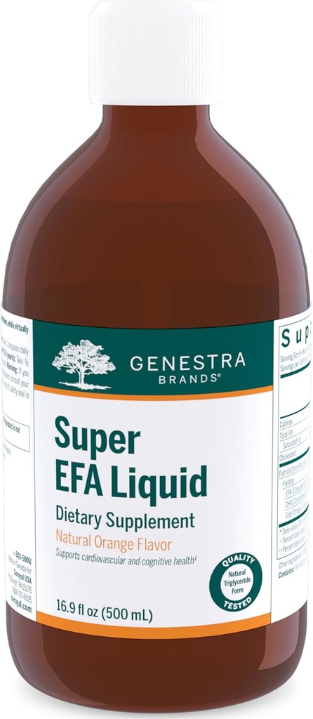 Genestra merker Super EFA flytende | støtter kardiovaskulær helse, og utviklingen av hjerne, øyne og nerver hos barn* | 16,9 Fl Oz | Natural Orange Flavor