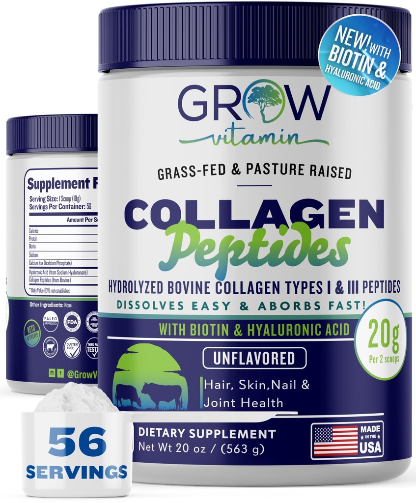 Collage Peptider pulver 20g med Hyaluronsyre og biotin - Uflavored Grass Fed Collage pulver med Hydrolysert Type I & III kollagen kosttilskudd - hår, negl, hud og felles støtte - 56 Services