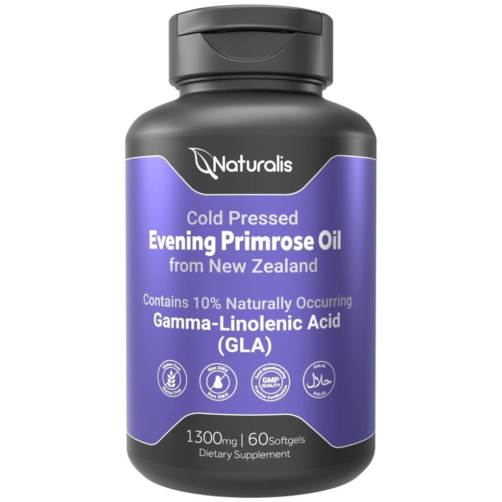 Naturalis Evening Primrose Olje (1300mg) | 100% naturlig fra New Zealand | Ikke-GMO, Soya & Glutenfri, Zero Filler | 60 Softgels