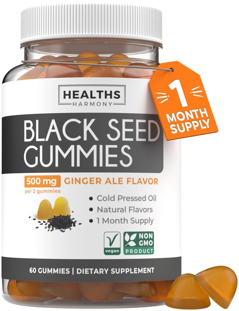 Svart Seed Olje Gummies - Naturlig Ginger Ale Flavor (Non-GMO & Vegan) Kaldpresset Nigella Sativa Produserende ren svart cuminfrøolje - 500 mg per 2 Gummy servering