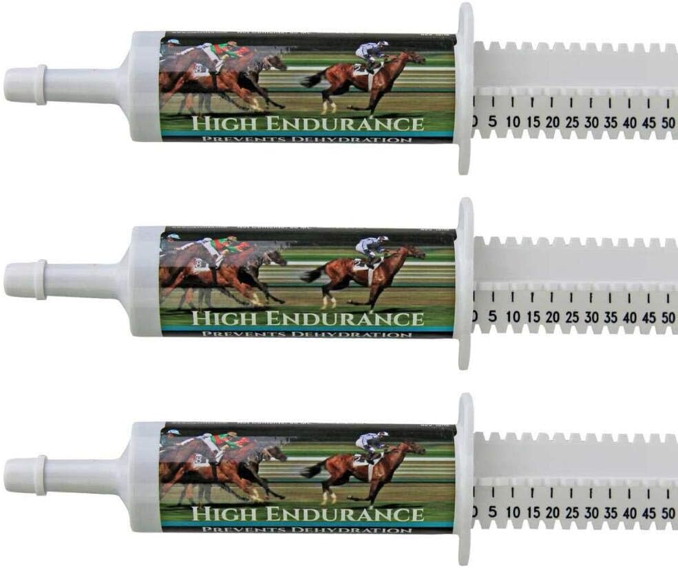 Høy utholdenhet Oral Lim inn hest Supplement for hester—3-Pack. Elektrolyter, vitaminer og mineraler for å forhindre dehydrering. Tre 60 ml enkle dusjer. Cox Veterinary Lab.