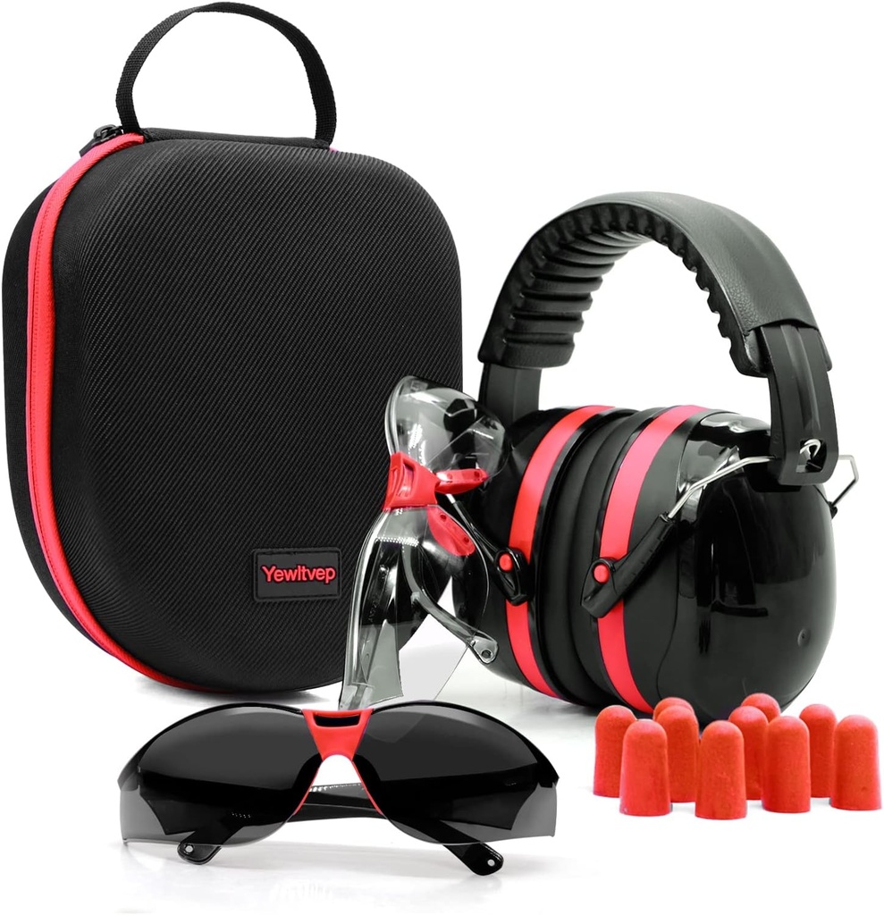 Yewltvep Skyting øre beskyttelse pistol rekkevidde ørebeskyttelse med earmuffs, våpensikkerhet briller, ørepropper, hard lagring saken