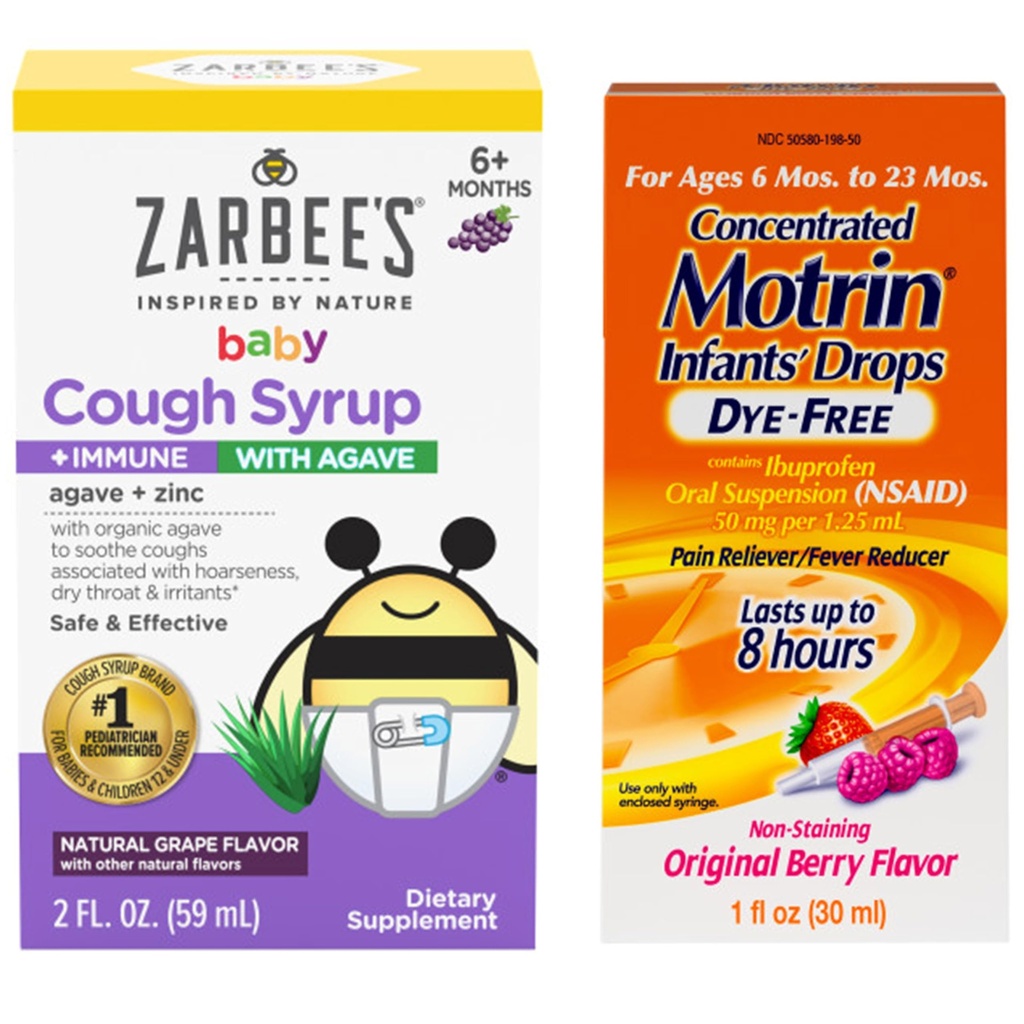 Motrin og Zarbees essensielle for spedbarn Infanters konsentrerte flytende medisin faller med Ibuprofen og Zarbees Baby Coughⱡ Syrup + Immune med organisk Agave + Zink