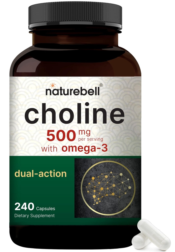 NatureBell Choline Kosttilskudd 500mg med Omega-3 Fatty Acids, 240 kapsler | høy styrke Choline Bitartrate – Prenatal støtte under graviditeten – fremmer energi, lever, hjerne, og kognitiv helse