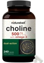 NatureBell Choline Kosttilskudd 500mg med Omega-3 Fatty Acids, 240 kapsler | høy styrke Choline Bitartrate – Prenatal støtte under graviditeten – fremmer energi, lever, hjerne, og kognitiv helse