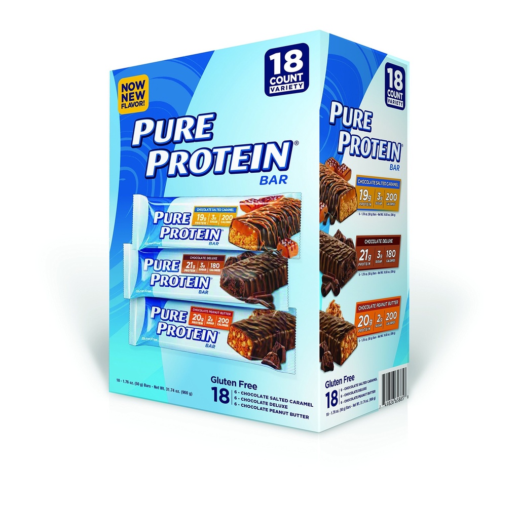 Pure Protein Bar, Sjokolade Peanut Smør / Saltet karamell / Chocolate Deluxe, 18 greve