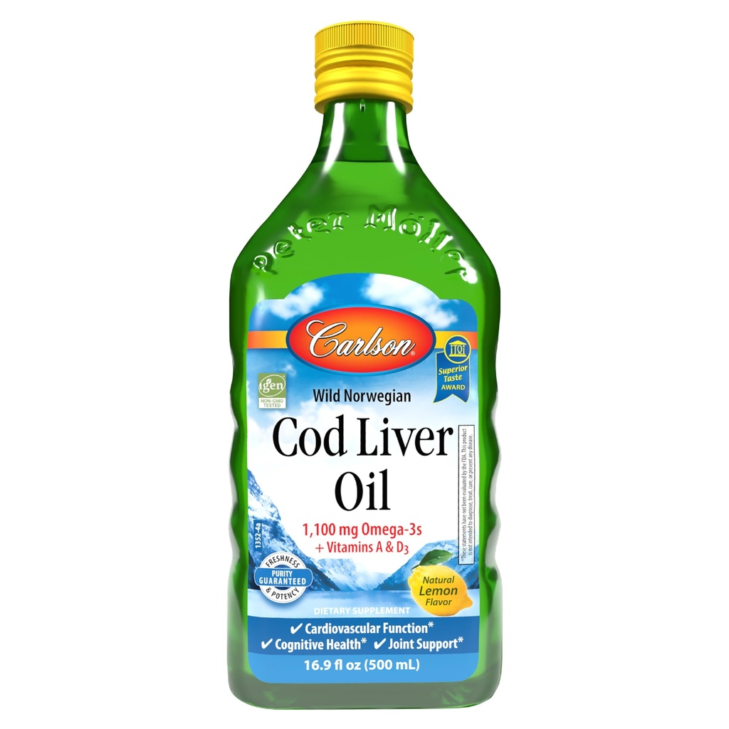 Carlson - Cod Liver Oil 1100 mg Omega-3s Plus vitaminer A & D3, Wild Caught Norsk Arktis, Sustainablely Sourced Nordic Fish Oil Liquid, Lemon, 500 ml (16,9 Fl Oz)