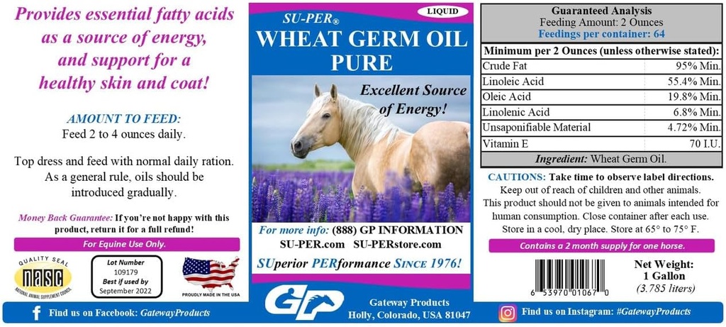 SU-PER Wheat Germ olje ren for hester - støtter energi, utholdenhet, utholdenhet, sunn hud og Coat - essensielle fettsyrer, vitaminer og mineraler - 1 Gallon + Pump, 4 måneders forsyning